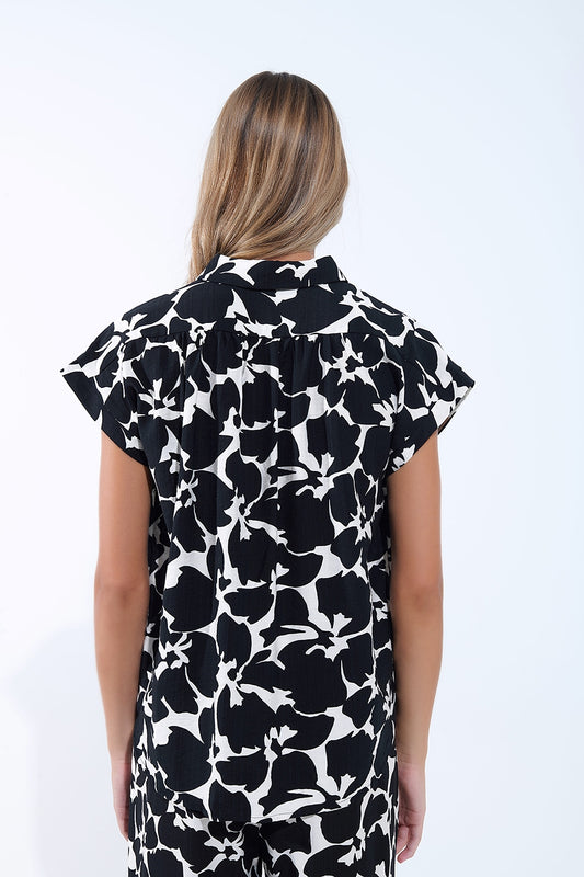 Black and white floral print shirt with short sleeves - Shirts