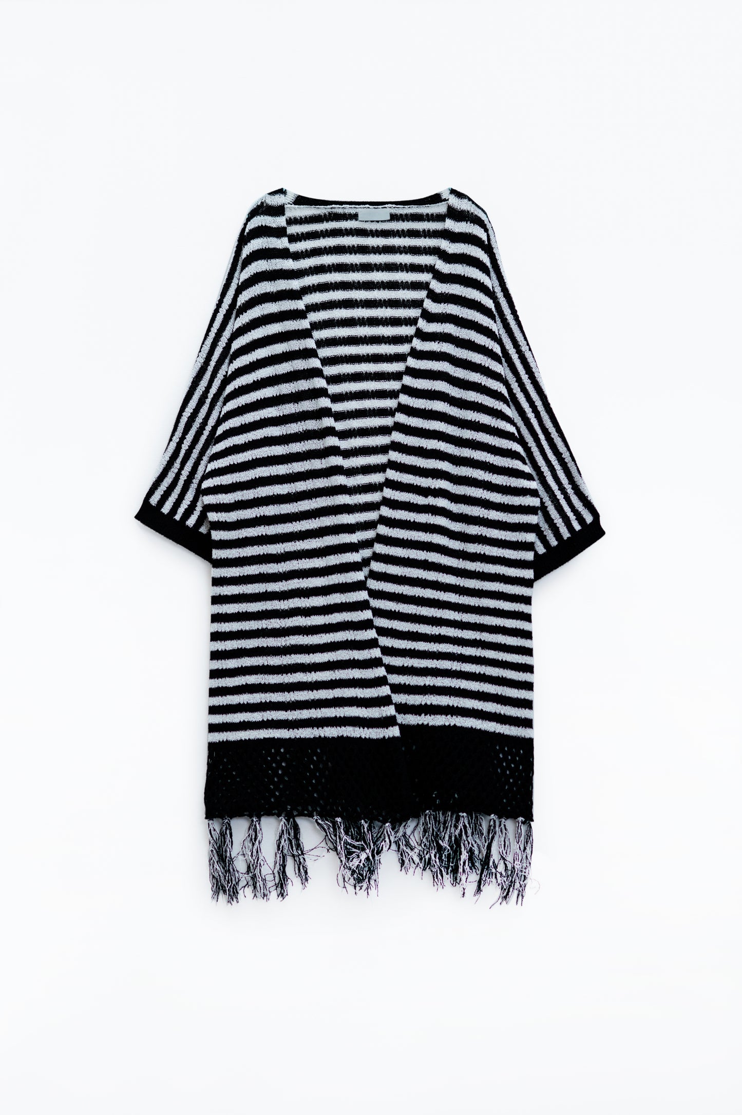 Black Boho Style Cardigan With Stripes Pointelle Knit and Fringe Details - Cardigans
