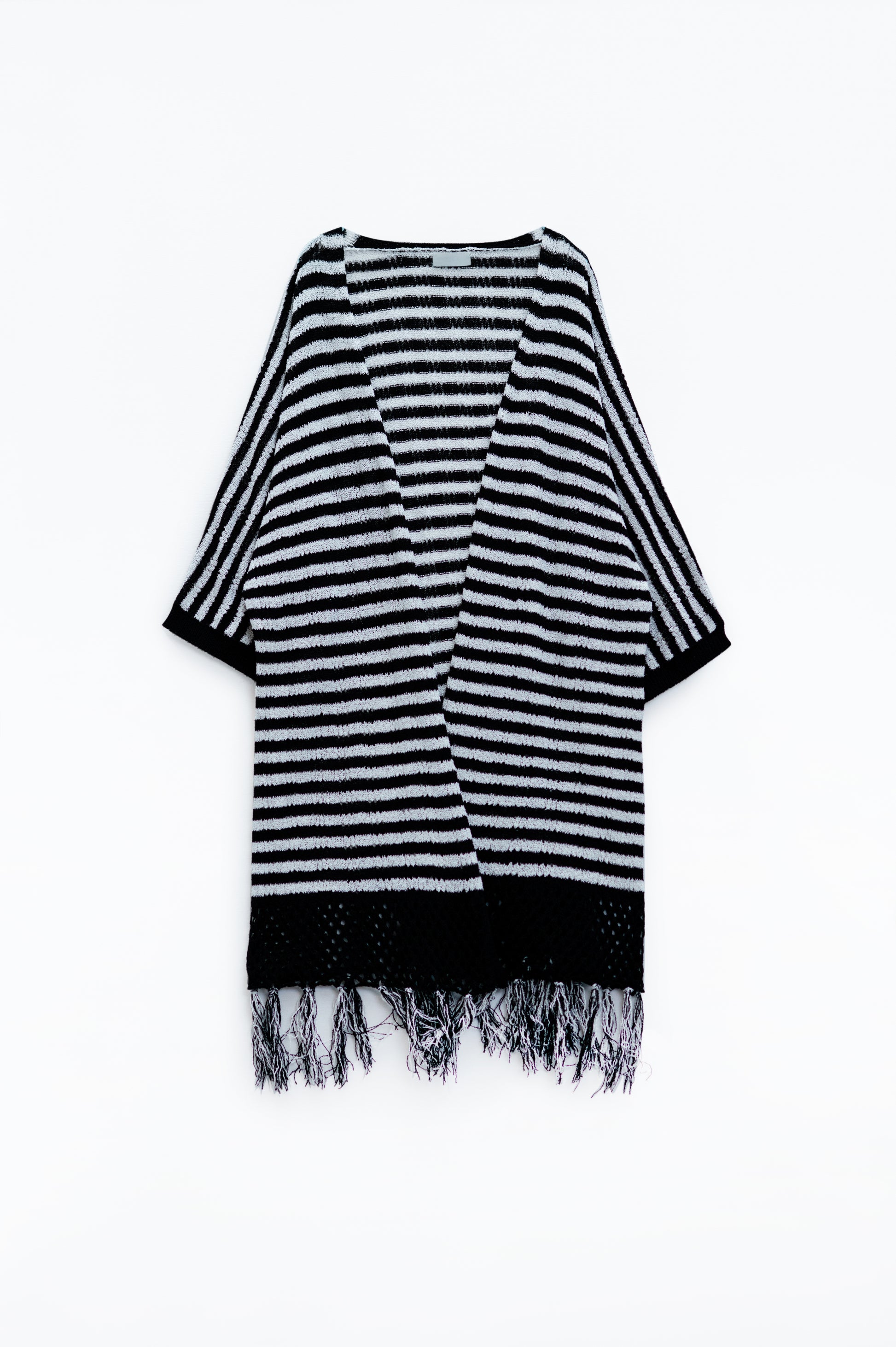 Black Boho Style Cardigan With Stripes Pointelle Knit and Fringe Details - Cardigans