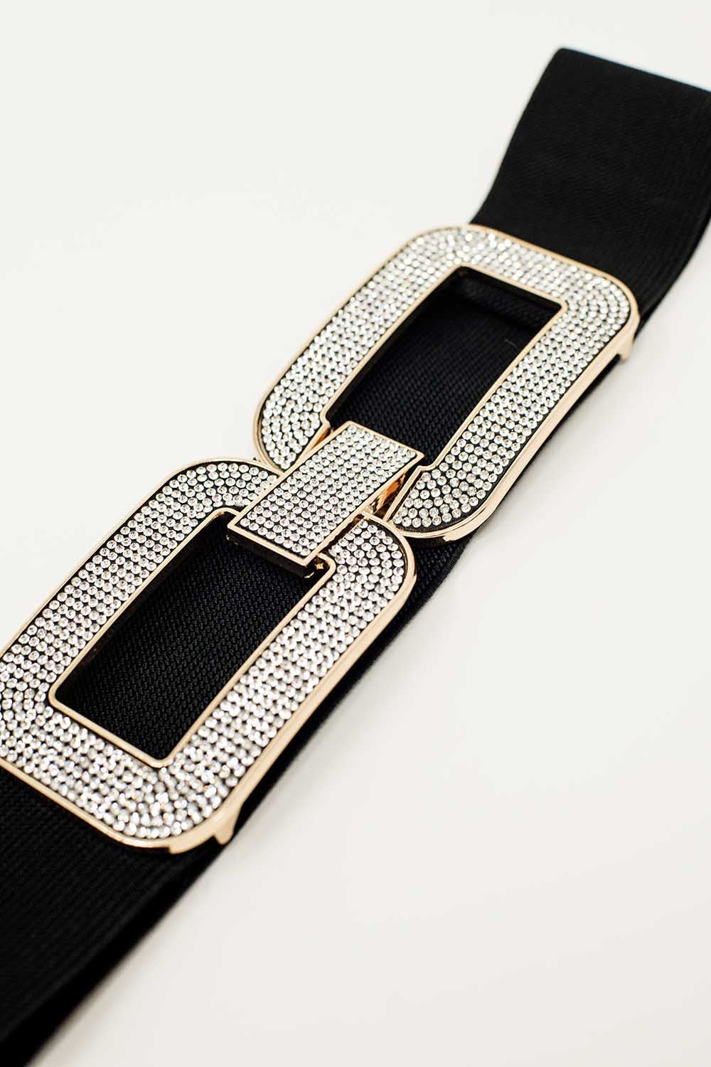 Black elastic belt with double oval buckle with rhinestone inlays - Belts