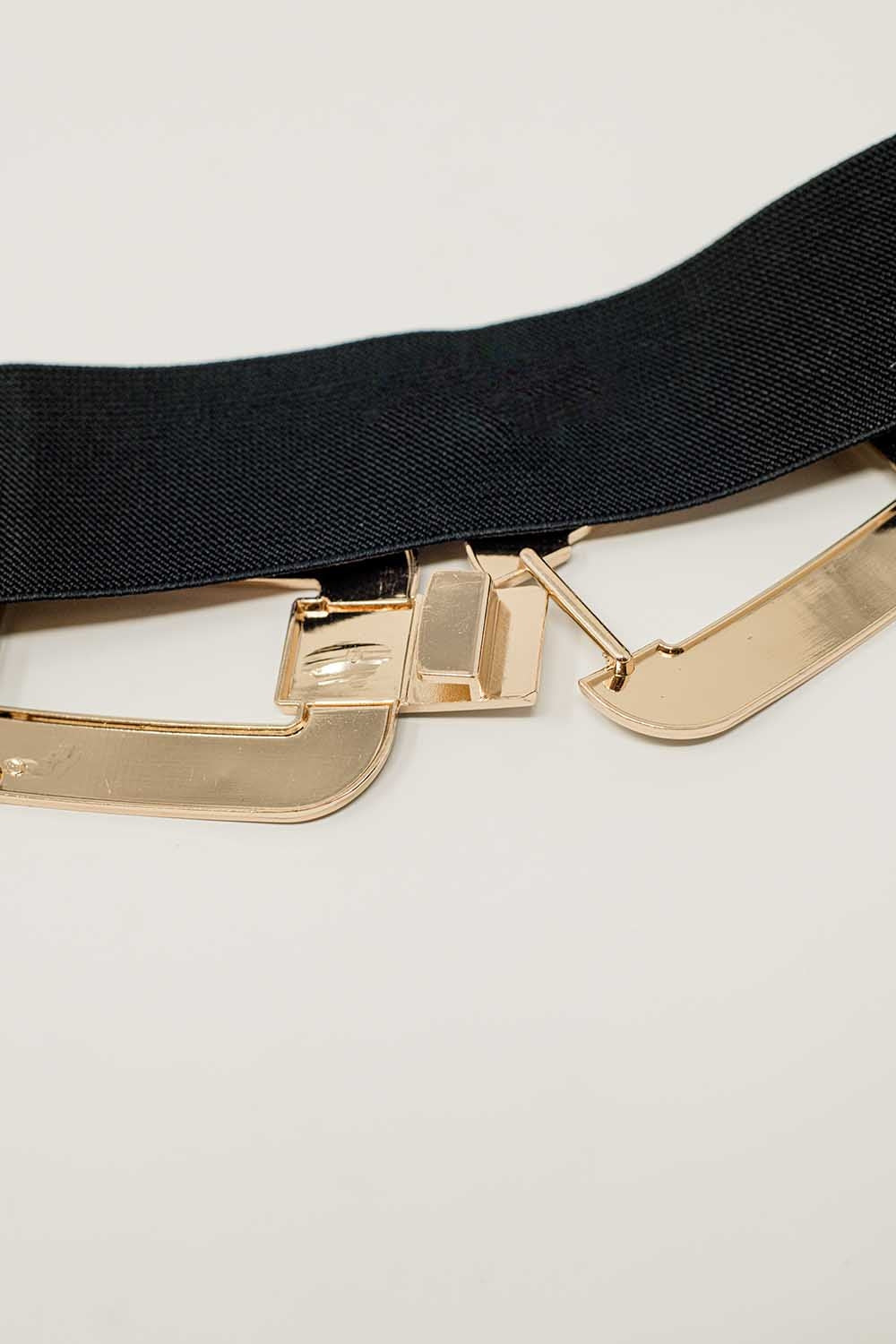 Black elastic belt with double oval buckle with rhinestone inlays - Belts