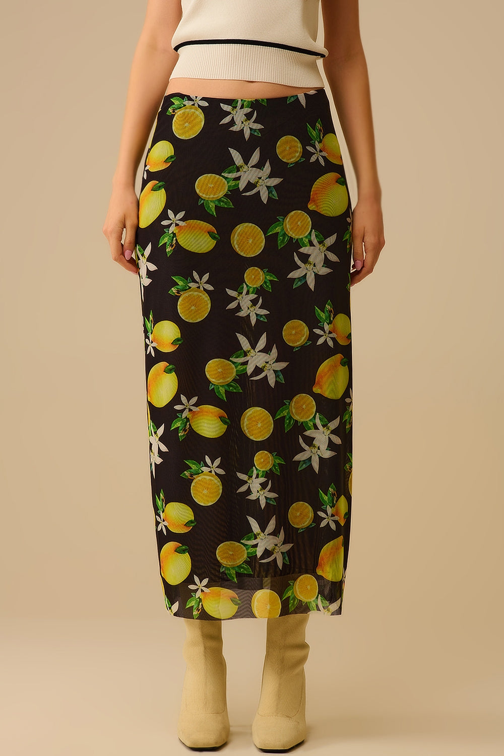 Black Fitted midi skirt with lemon print in mesh fabric - Skirts