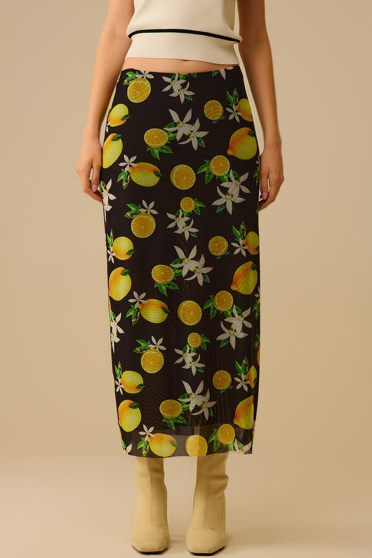 Black Fitted midi skirt with lemon print in mesh fabric - Skirts