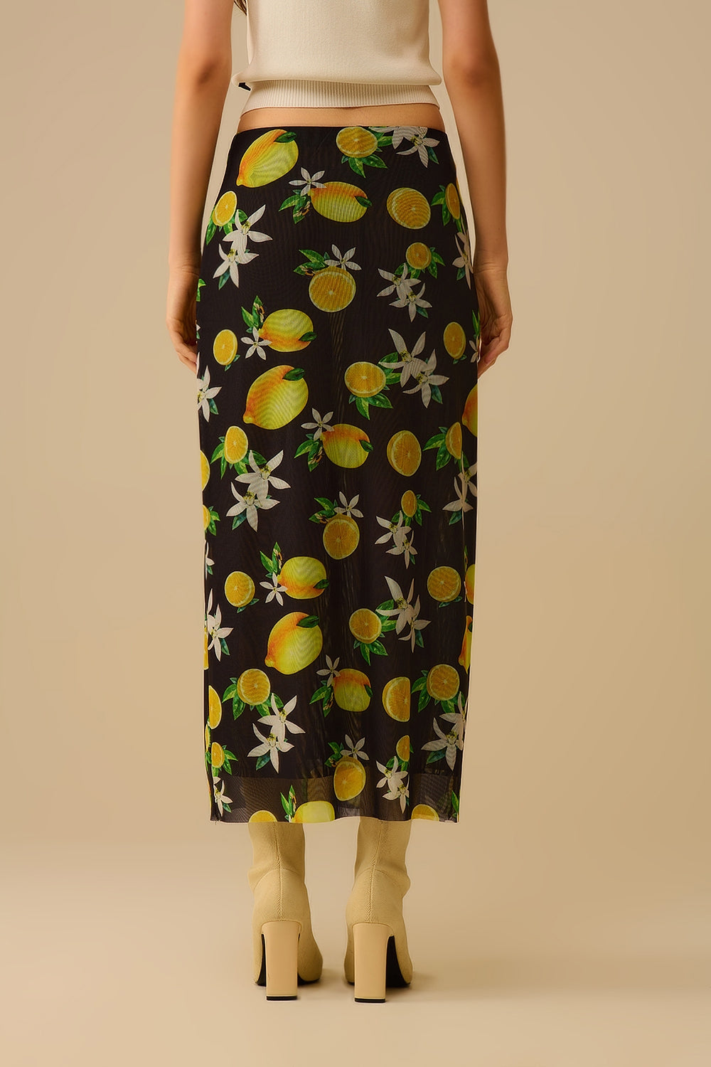 Black Fitted midi skirt with lemon print in mesh fabric - Skirts