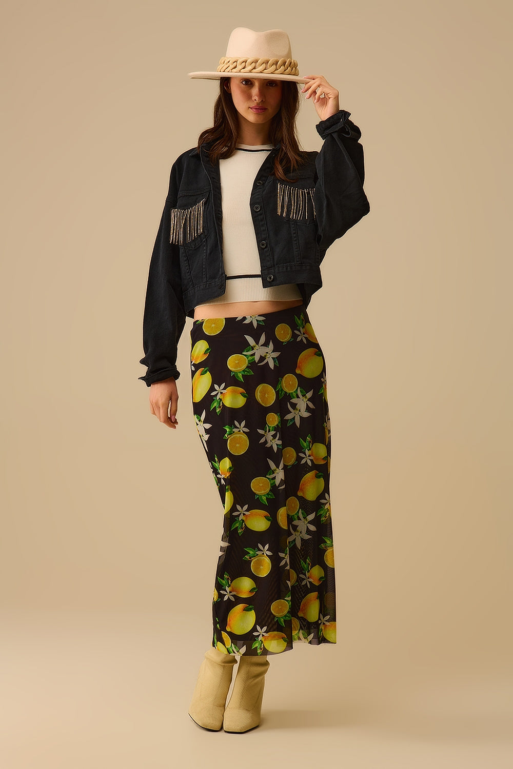 Black Fitted midi skirt with lemon print in mesh fabric - Skirts