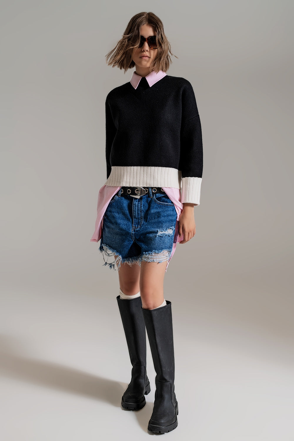 black jumper with white ribbed cuffs and hem - Jumpers