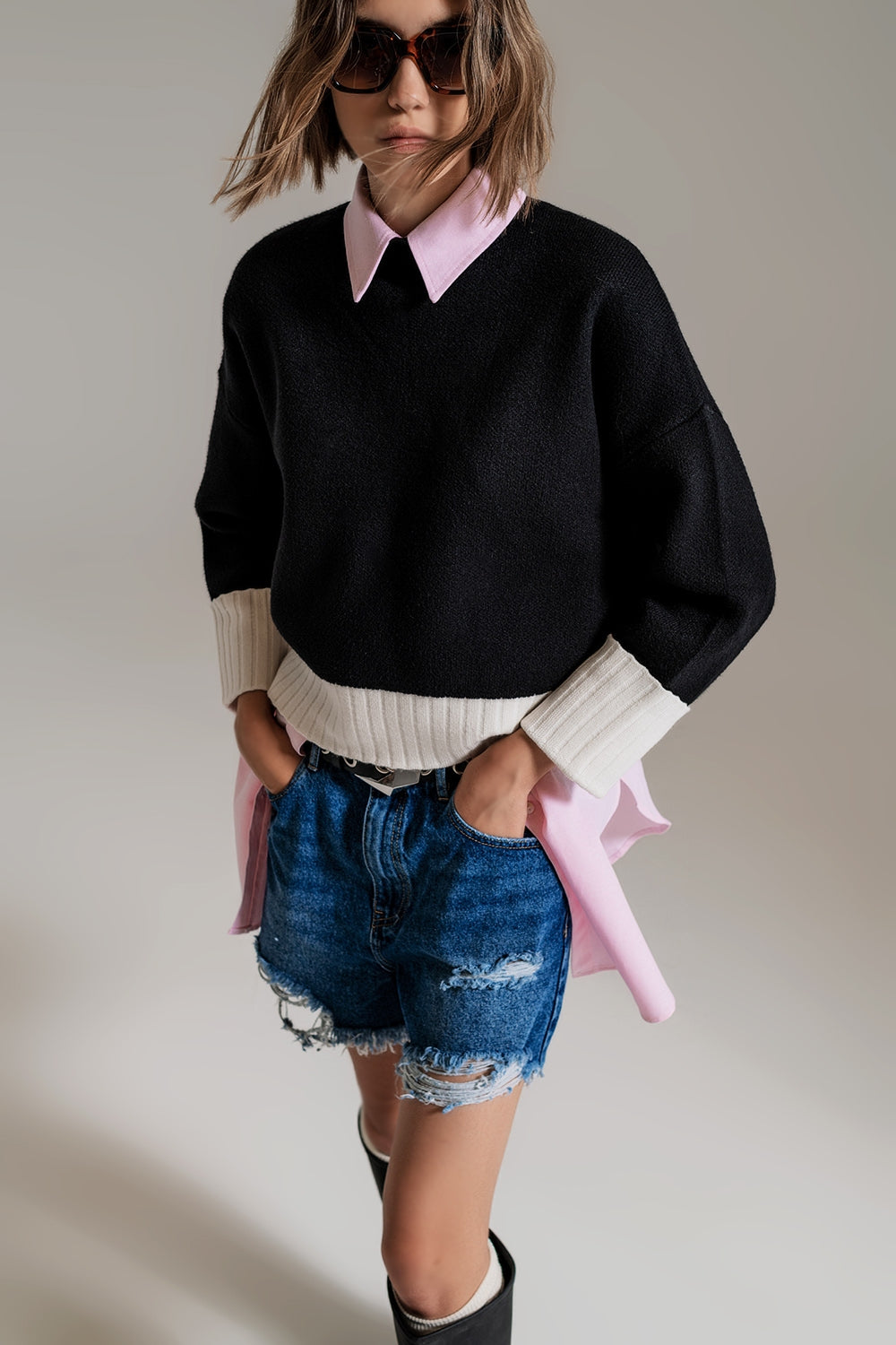 black jumper with white ribbed cuffs and hem - Jumpers