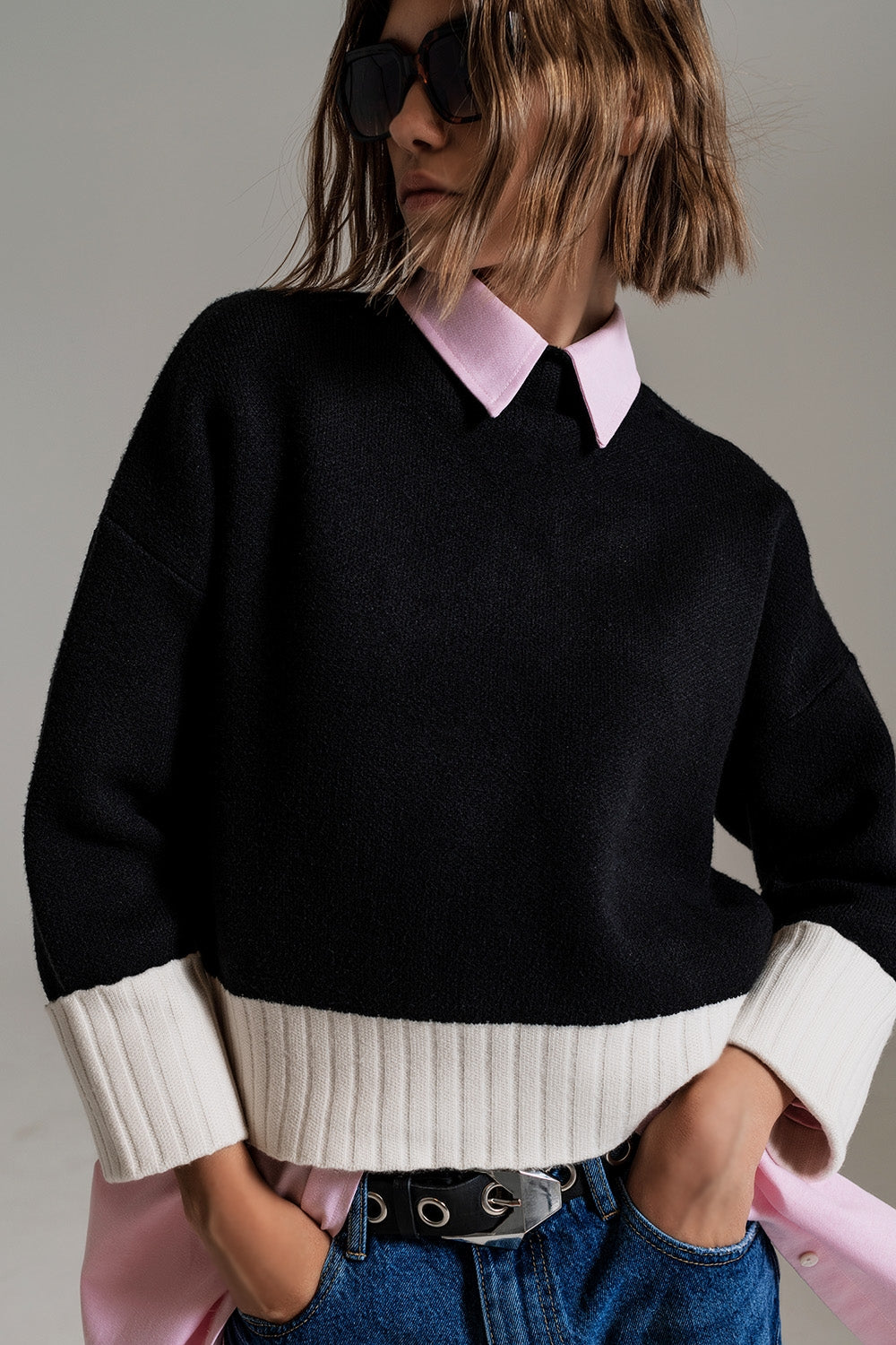 black jumper with white ribbed cuffs and hem - Jumpers
