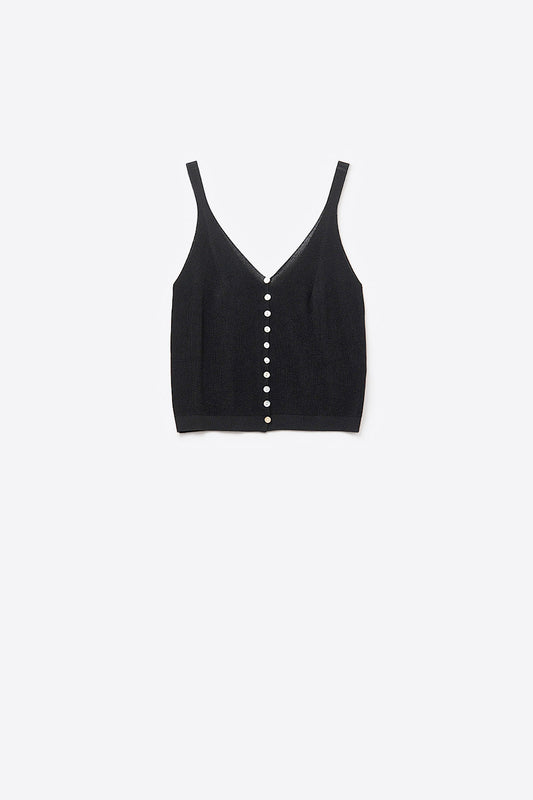 black Knit Buttoned Crop Top - Tops