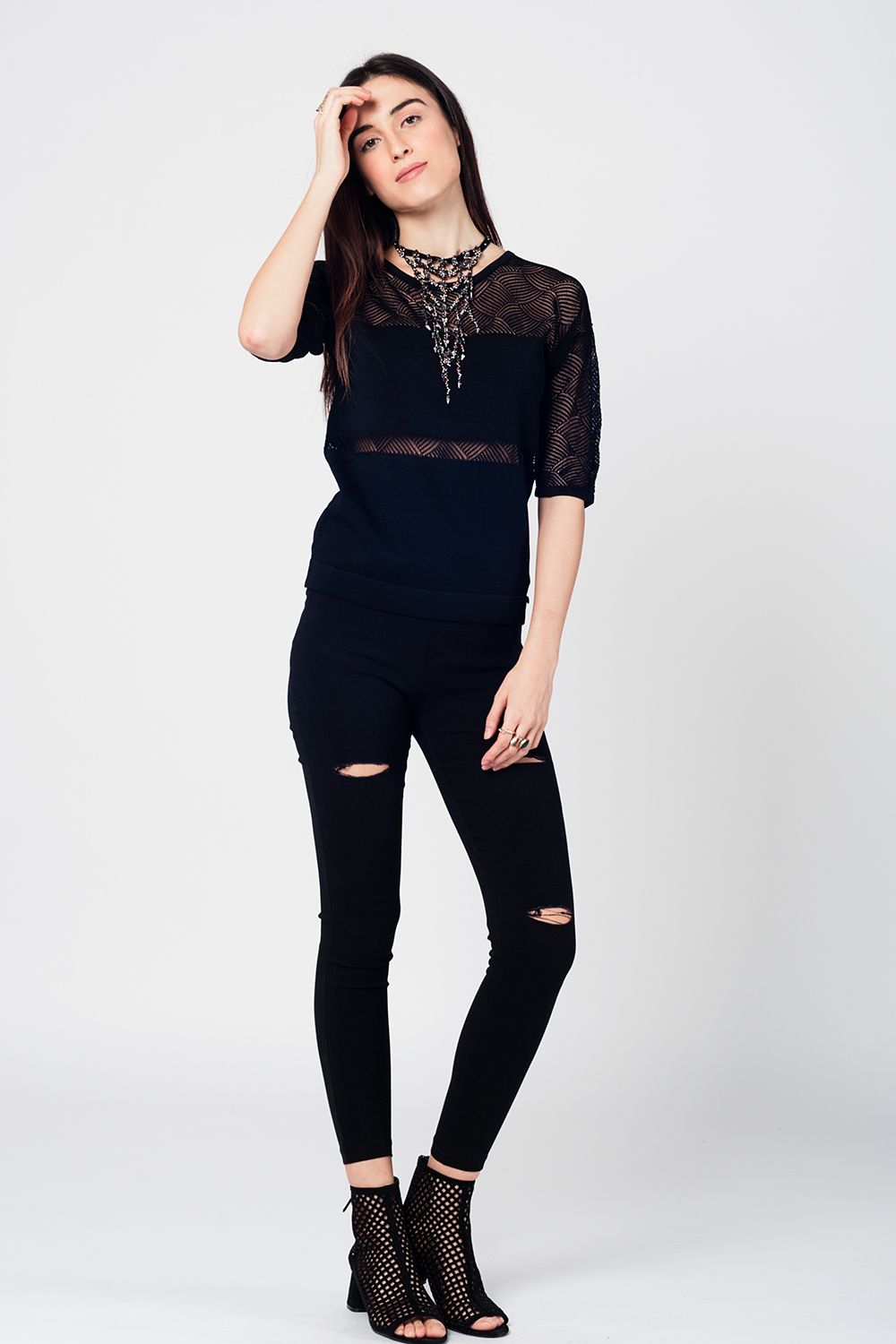 Black knitted top with lace contrast detail Q2 Sweaters BoutiqueLua