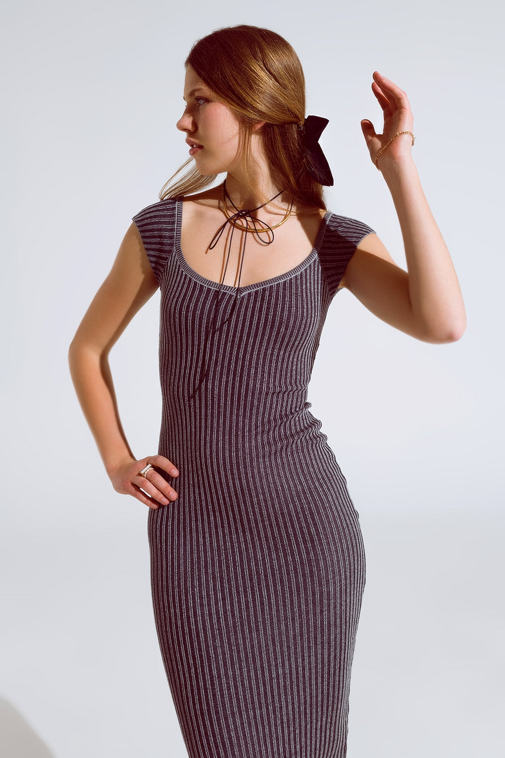 Black Midi Thick Rib Bodycon Dress With Cap Sleeves - Dresses