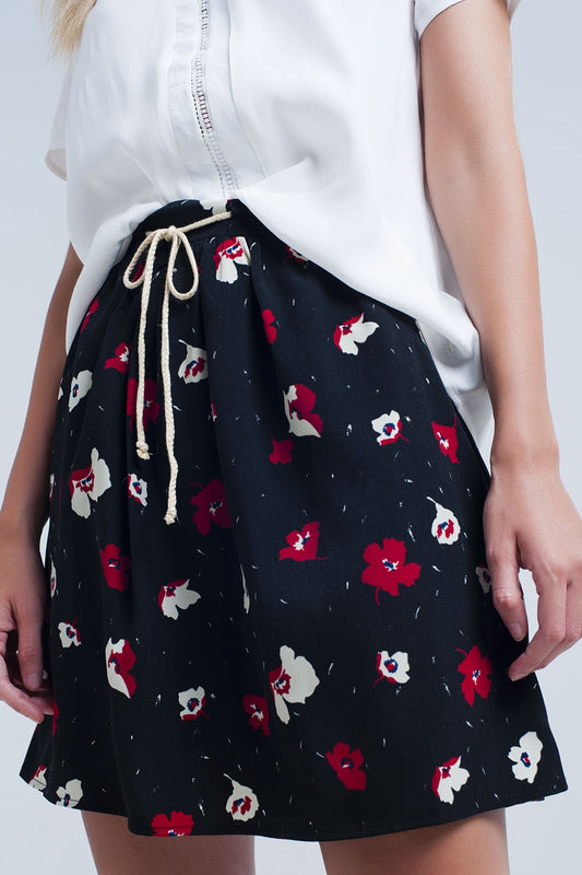 Black mini skirt with floral pattern - Skirts