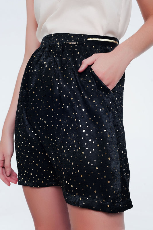 Black mini skirt with pleats in gold polka dot - Skirts