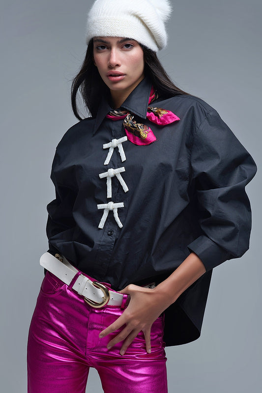 Black Oversized Poplin Shirt With White Beaded Bow Buttons - Shirts