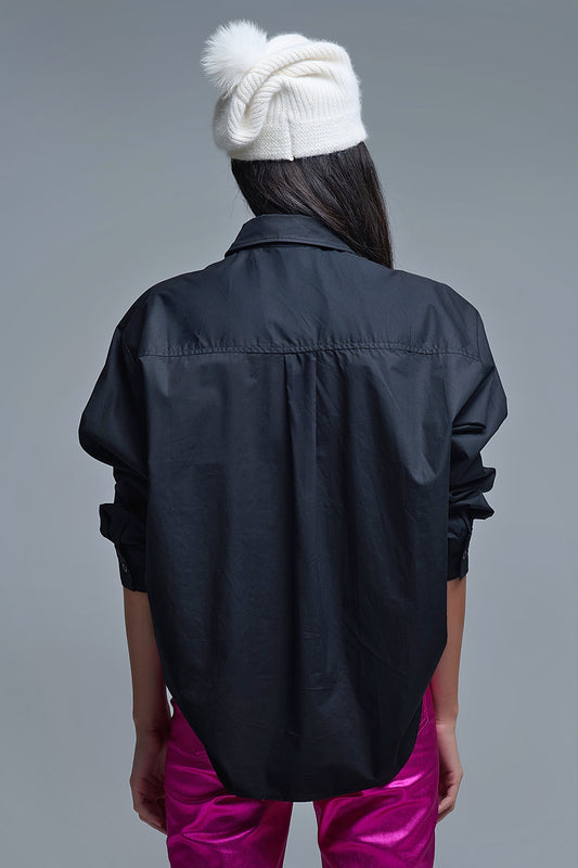 Black Oversized Poplin Shirt With White Beaded Bow Buttons - Shirts