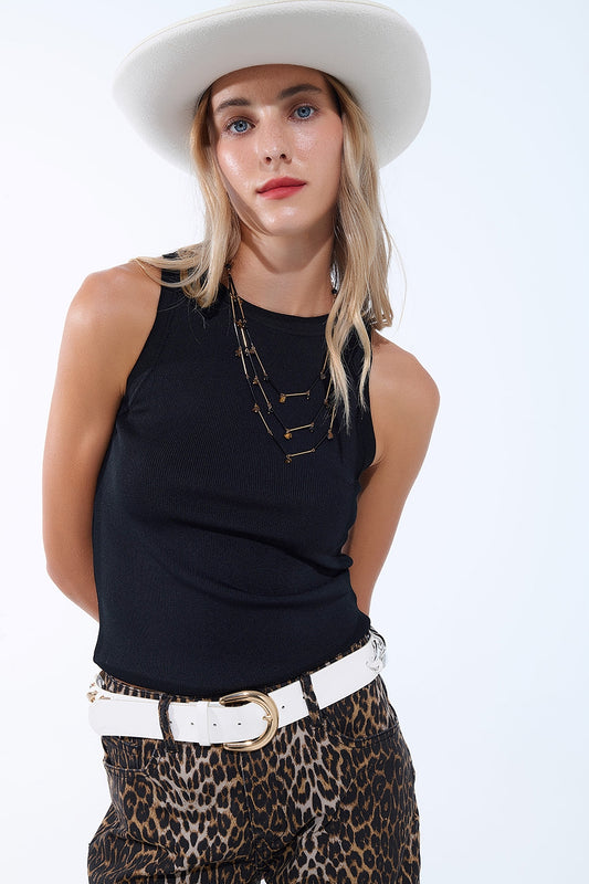 Black Ribbed fine knit Sleeveless Top - Tops