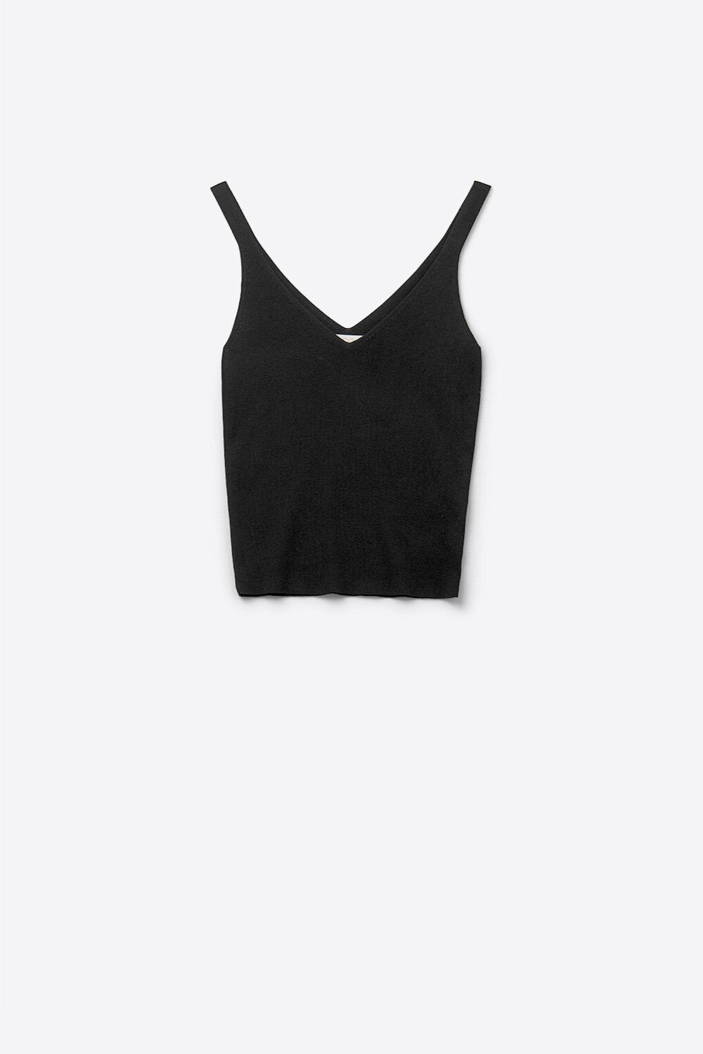 Black Ribbed Knit Top with V-neck and Spaghetti Straps - Tops