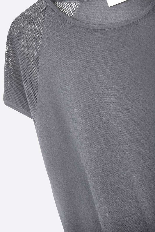 Black Ribbed Short Sleeve Sweater with knitted mesh on the shoulder - Jumpers