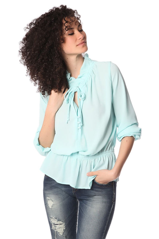Turquoise ruffle neck tie blouse - Shirts