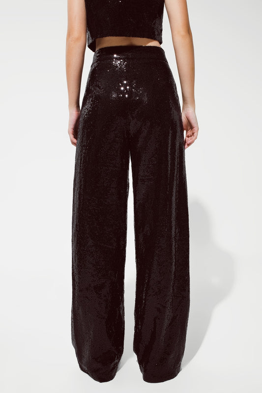 Black Sequins Pants with Flares Legs - Trousers