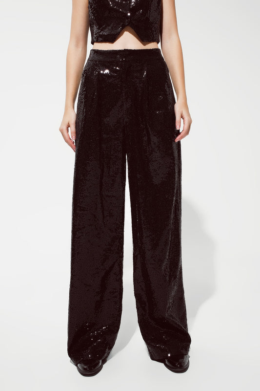 Black Sequins Pants with Flares Legs - Trousers