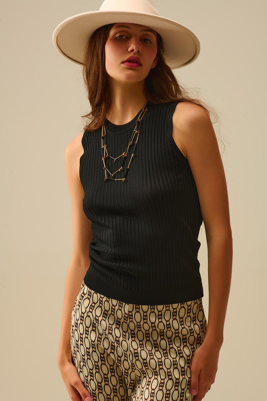 Black Sleeveless Ribbed Knit Top - Sweaters