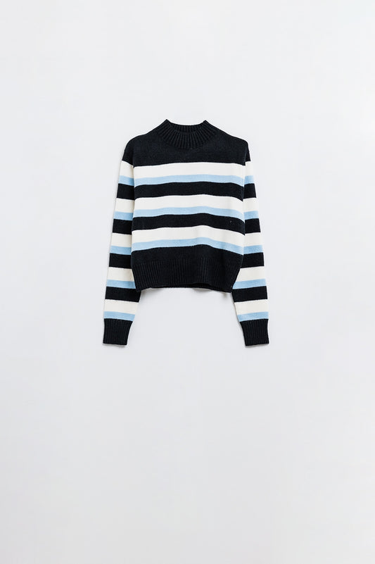 Black sweater with blue and white stripes and a high neck - Sweaters