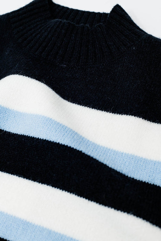 Black sweater with blue and white stripes and a high neck - Sweaters