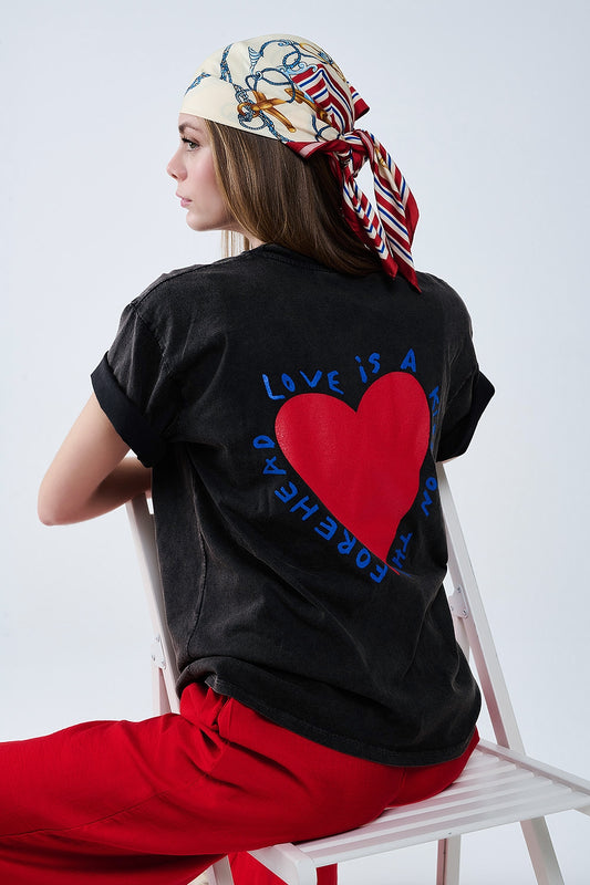 Black T-shirt featuring a heart design on both the front and back - T-Shirts