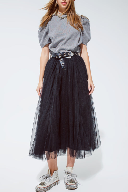Black tulle midi skirt with elastic waist - Skirts
