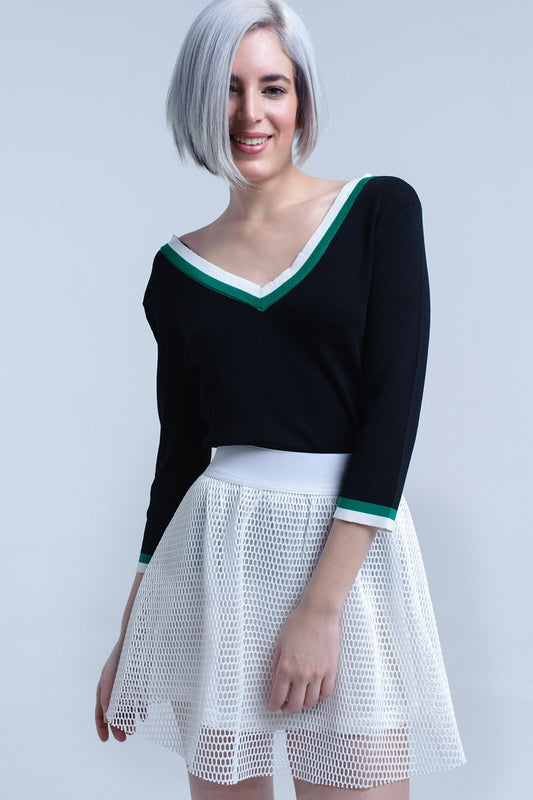Black V-neck jersey with green and white contrast trim - Jumpers