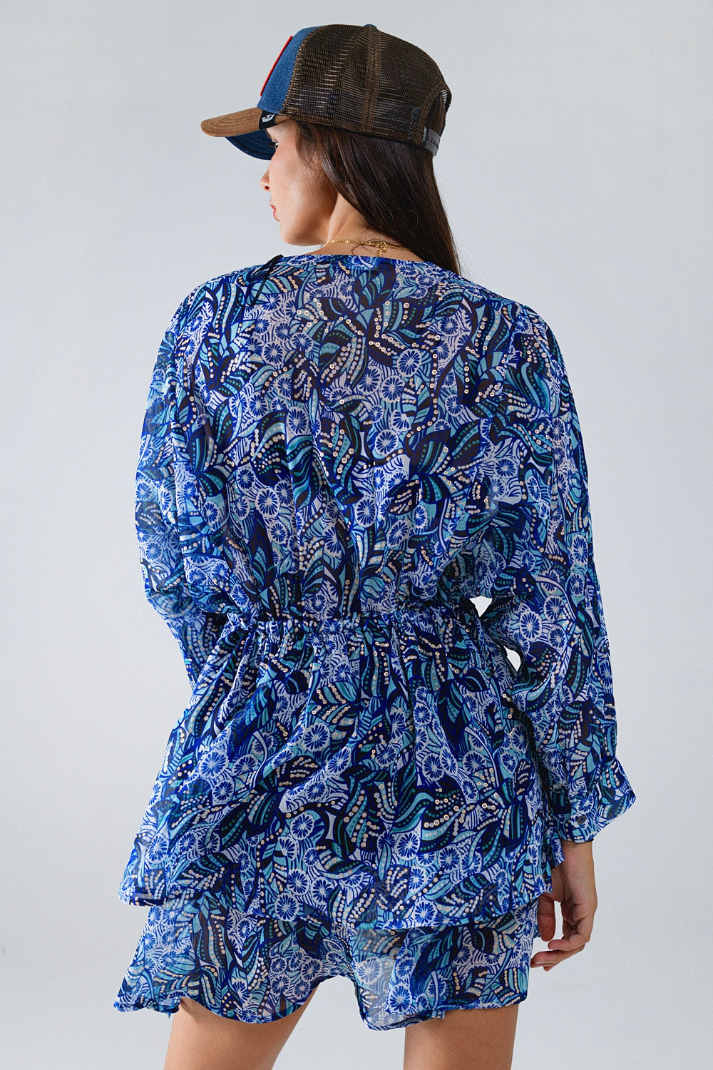 Blue Abstract Print Short Dress With Adjustable Waist Q2 Dresses BoutiqueLua