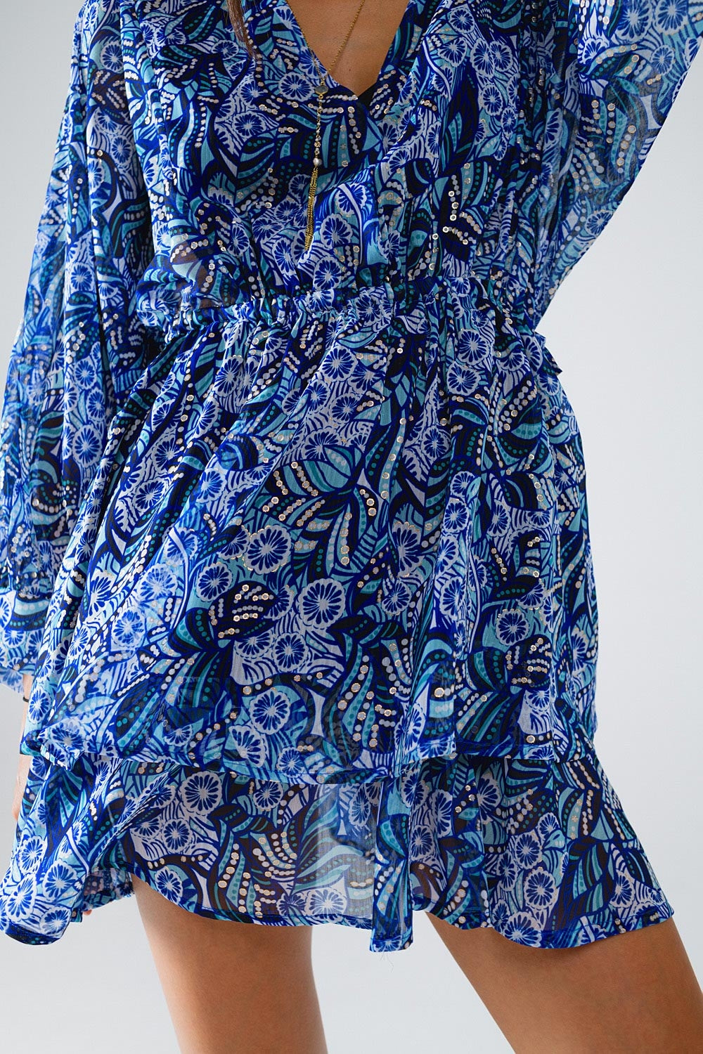 Blue Abstract Print Short Dress With Adjustable Waist Q2 Dresses BoutiqueLua