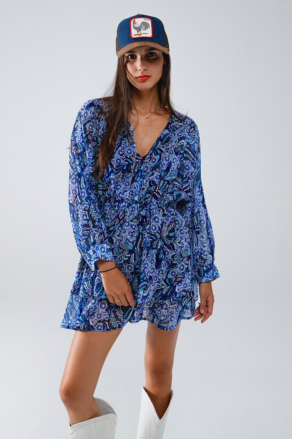 Blue Abstract Print Short Dress With Adjustable Waist Q2 Dresses BoutiqueLua