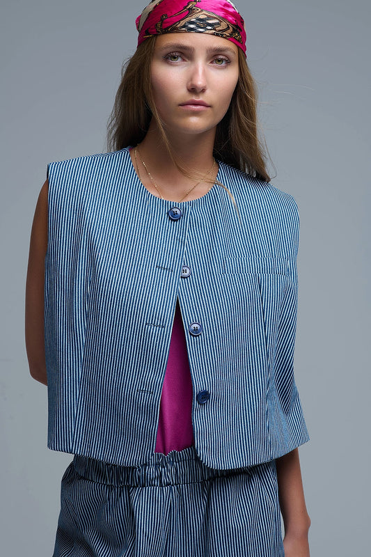Blue and White Striped Crew Neck Vest - Coats and Jackets