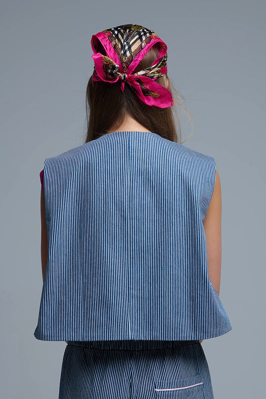 Blue and White Striped Crew Neck Vest - Coats and Jackets