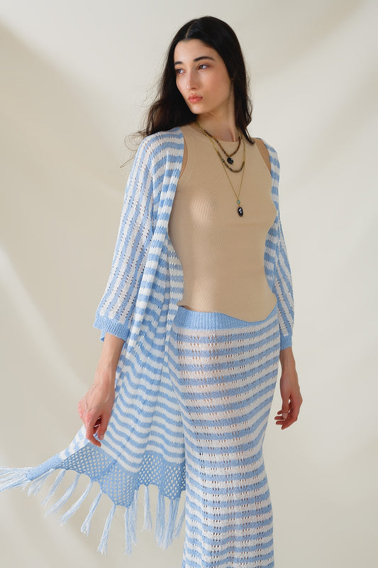 Blue Boho Style Cardigan With Stripes Pointelle Knit and Fringe Details - Cardigans