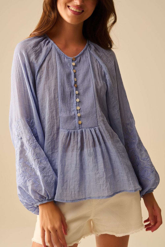 Blue chiffon blouse with embroidery on the sleeves - Blouses