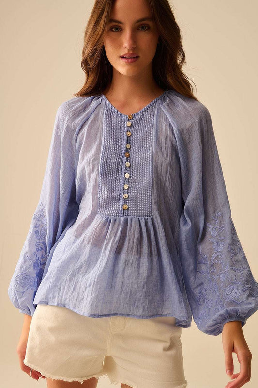 Blue chiffon blouse with embroidery on the sleeves - Blouses
