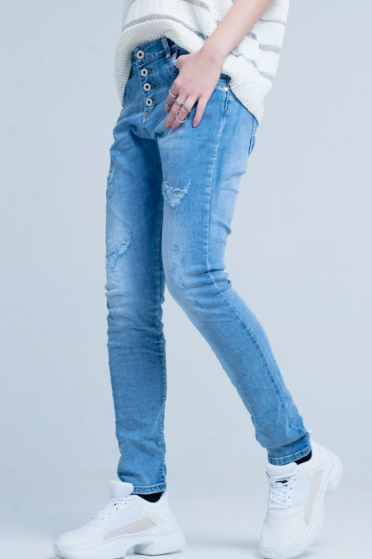 Blue Distressed Boyfriend Jeans - Jeans
