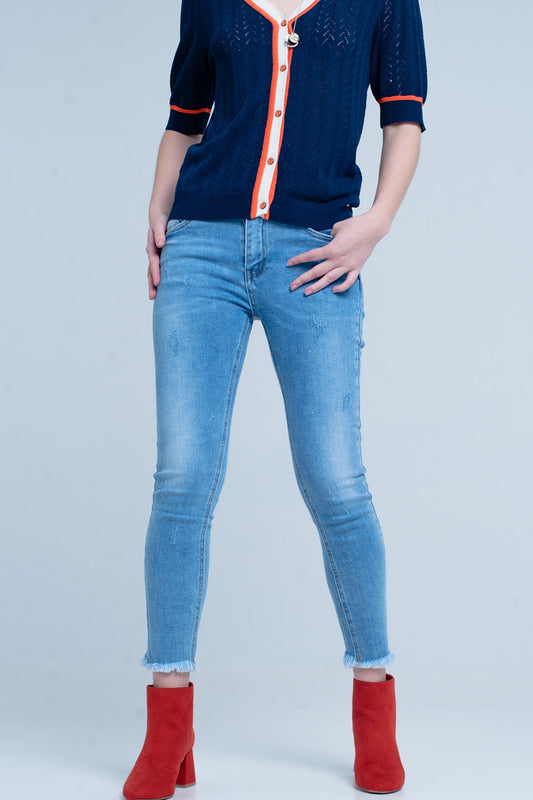 Blue Fringed Skinny Jeans - Jeans