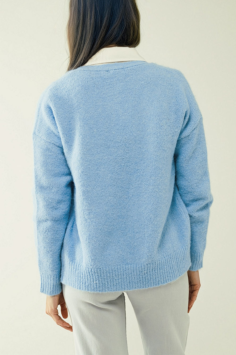 Blue knit cardigan with wide V-neck and button closure - Cardigans