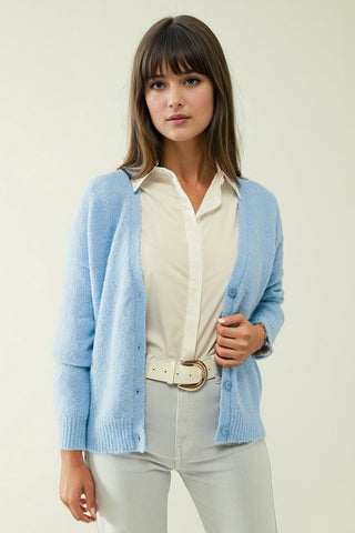 Cardigan en maille bleu avec large col en V et fermeture à boutons