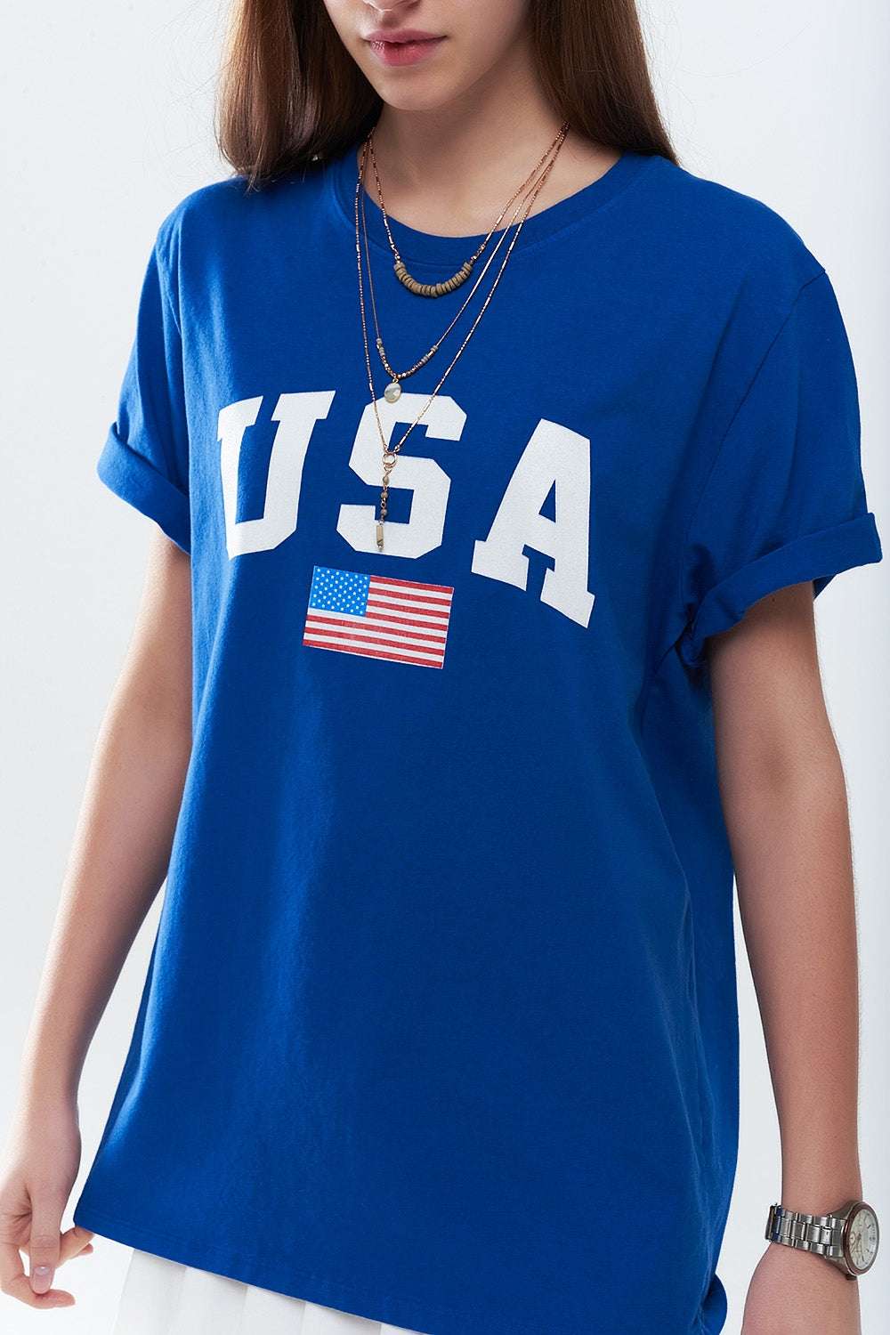 Blue loose long t-shirt with USA logo - T-Shirts