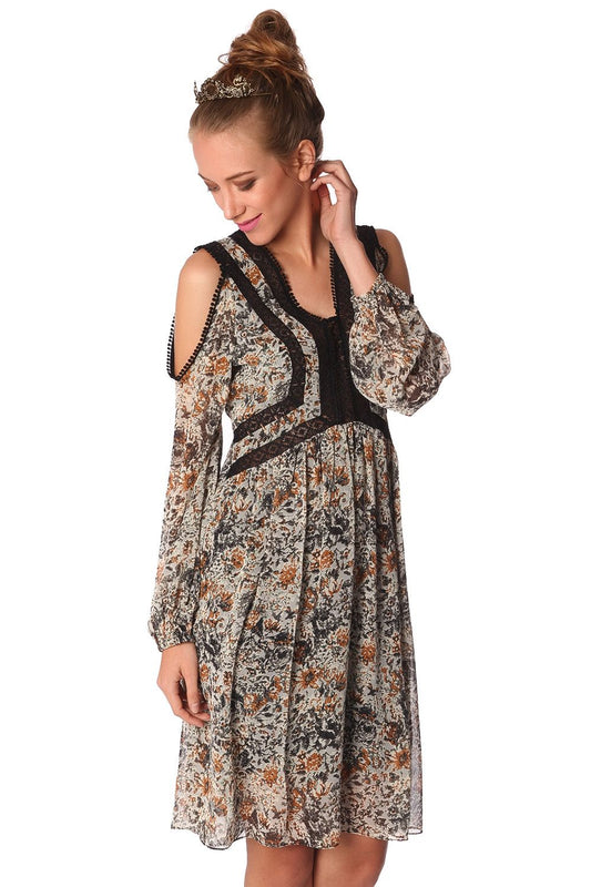 Blue midi dress in floral print with crochet inserts - Dresses