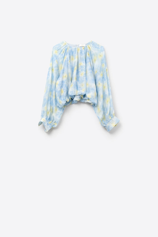 Blue printed chiffon blouse with balloon sleeves - Blouses