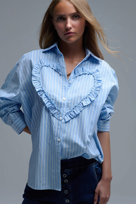 Blue Relaxed Striped Shirt With Heart Seam Detail - Shirts