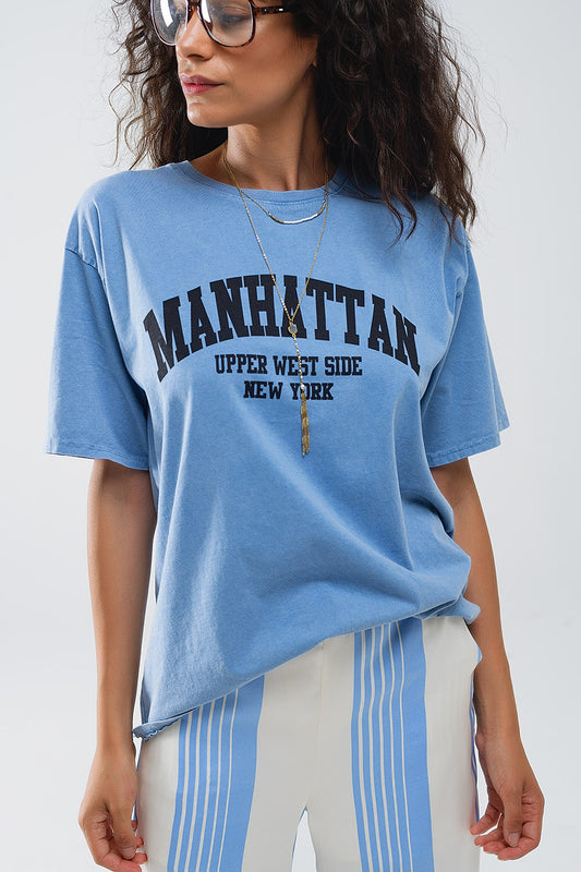 Blue relaxed T-shirt with manhattan text - T-Shirts