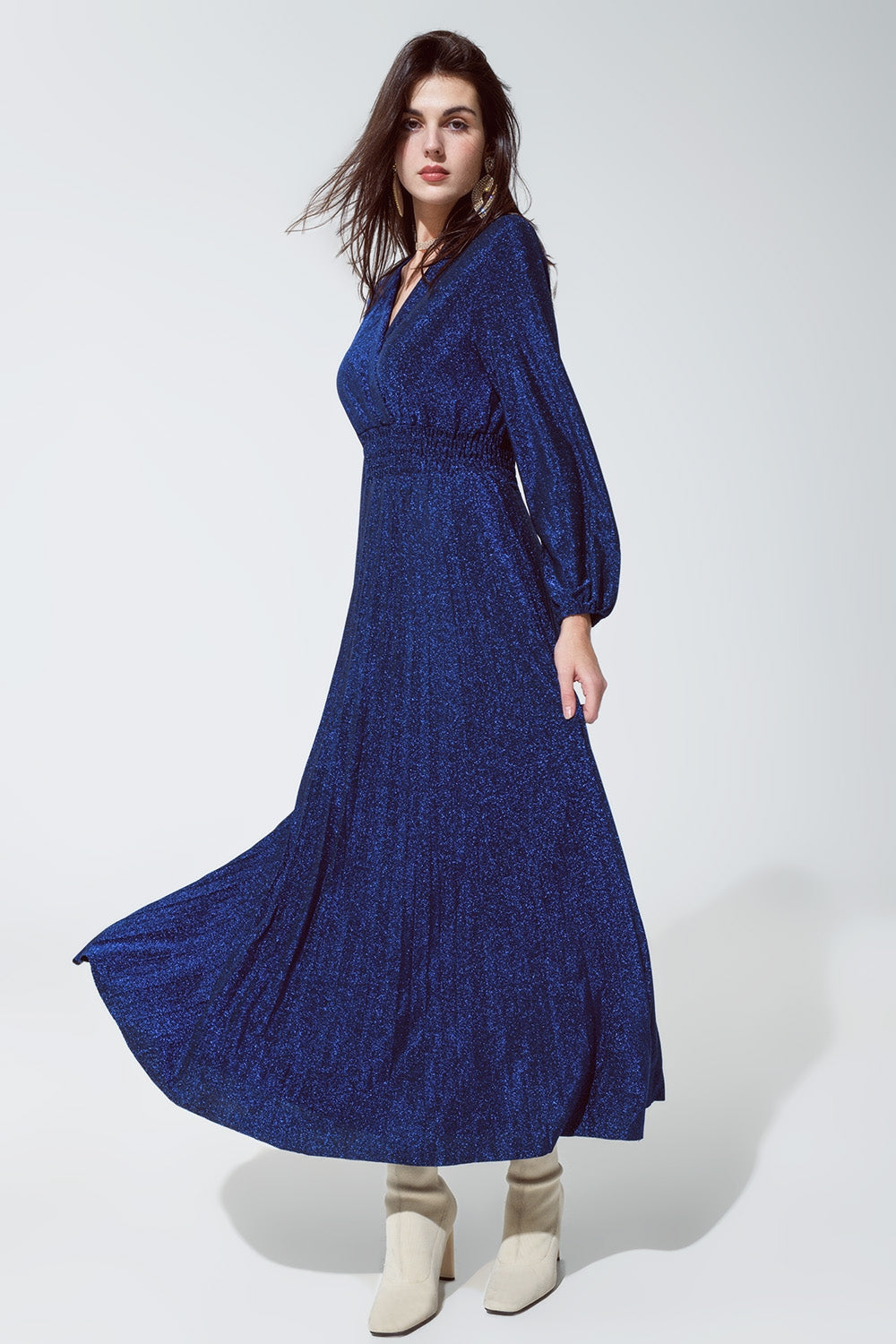 Blue shiny fitted high waist maxi dress with V neck Q2 Dresses BoutiqueLua