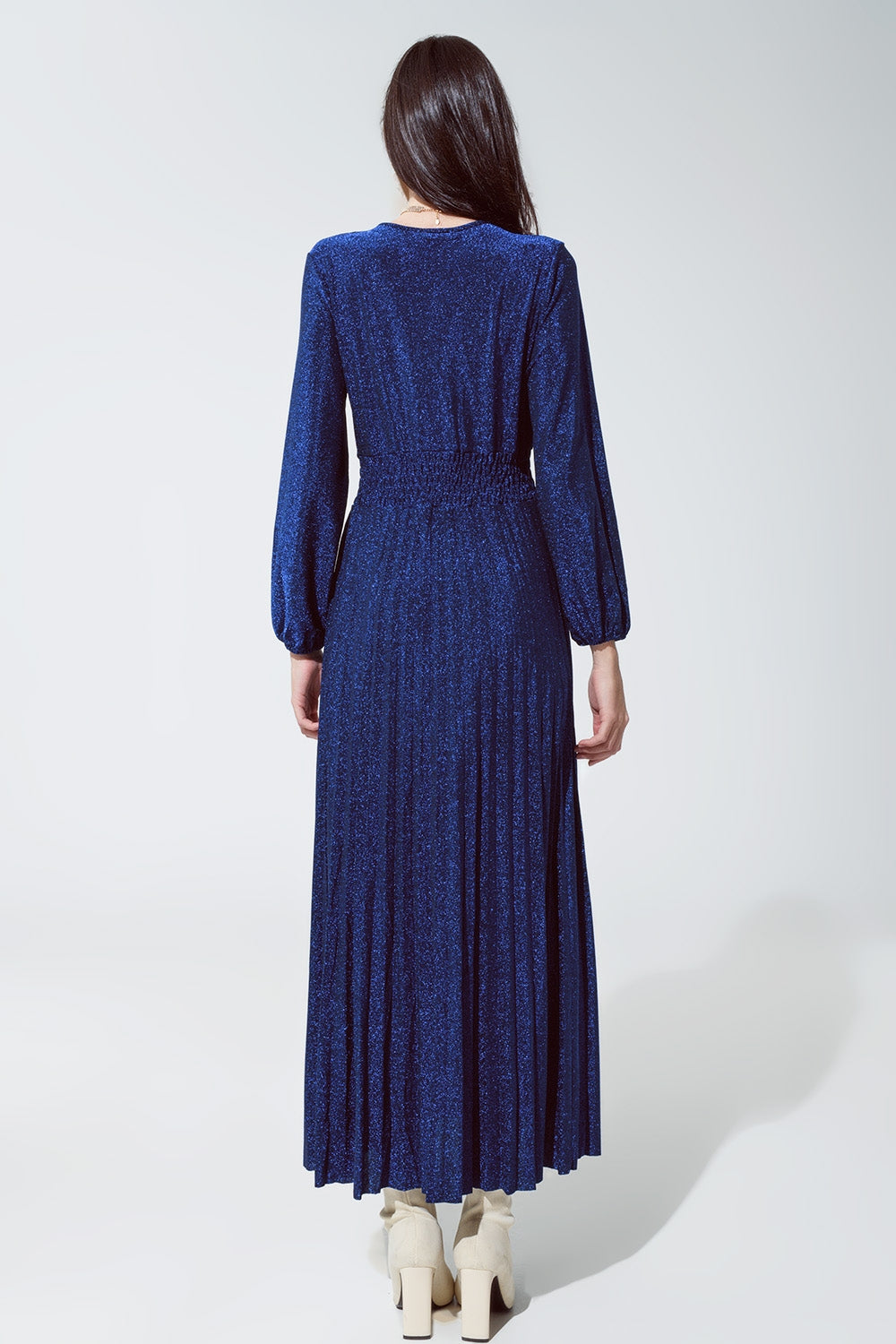 Blue shiny fitted high waist maxi dress with V neck Q2 Dresses BoutiqueLua